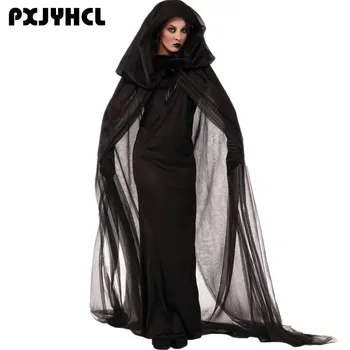 Хелоуин възрастни жени, костюм на вещица-вампир, Cosplay, Фантазия, черен Призрак на Смъртта, булката, дъждобран с качулка, дълги рокли, облекло, униформи