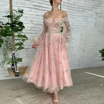 LZPOVE Елегантна розова рокля с цветя модел за бала, очарователни вечерни рокли с бродерии трапецовидна форма, е илюзия скъпа, дълги ръкави с открити рамене