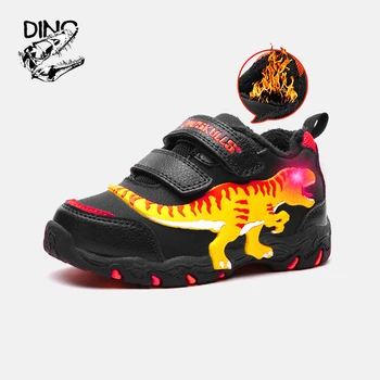 Детски зимни плюшен обувки с led осветление във формата на Динозавър T-Rex за момчета 3-9 години, Светещите Маратонки, Кожени Модни Вътрешна Топло Детска Градинска Обувки
