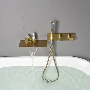 Модерен дизайн, напълно месинг смесител за душ в банята, стенен смесител за вана с водопад, студена и топла вода с ръчен душ