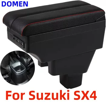За Suzuki SX4, кутия за оръжие, детайли на интериора, централно съдържанието на кола с подвижни отвор за чаши, голямо пространство, двуслойни USB DOMEN