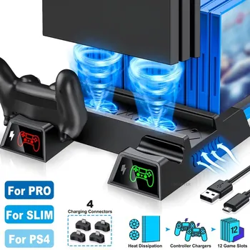 Вертикална Поставка за конзола PS4/PS4 Slim/PS4 Pro, Охлаждащ Вентилатор, Поставка-Охладител с два Контролера, Зарядно Устройство За Аксесоари PS4