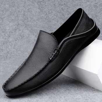Модерен мъжки лоферы от естествена кожа + чехли на равна подметка, удобни мъжки ежедневни обувки без шнур, мъжки обувки за ходене и шофиране
