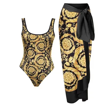 Едно парче тънък бикини, луксозен плажен костюм с цветни блокчета, шик, елегантен калъф за спагети презрамки, моден бански костюм с кръгло деколте и златен принтом, женствена