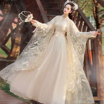 Хубава рокля Hanfu в древен китайски стил; дамско луксозно традиционната рокля на принцеса за танци и партита с дантелен бродерия; ориенталски костюм фея