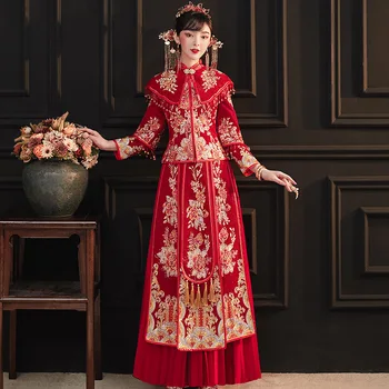 Висококачествено сватбена рокля с бродерия, сватбен костюм в китайски стил, женски нов Чонсам, изискана облекло за булката, дрехи за тостер