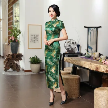 2021 Ново, Модерно Зелено Вискозное рокля Ципао от китайския класически женски Ципао с къс ръкав, Новост, Дълга рокля S-3XL C0136-D