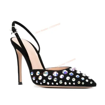 Черни обувки-лодка с каишка отзад и украса под формата на кристали, обтегач на щиколотке, дамски обувки с остри пръсти, обувки на тънък висок ток, 2023 Zapatos Para Mujere