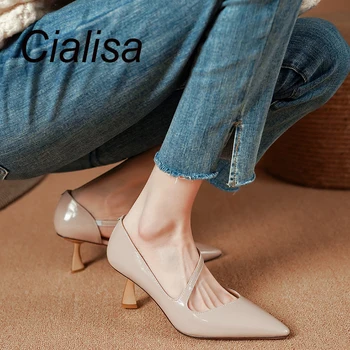 Cialisa, елегантни дамски обувки-лодка от естествена кожа, новият пристигането на пролетта 2023, модерно вечерна рокля с високи токчета, дамски обувки кайсиев цвят