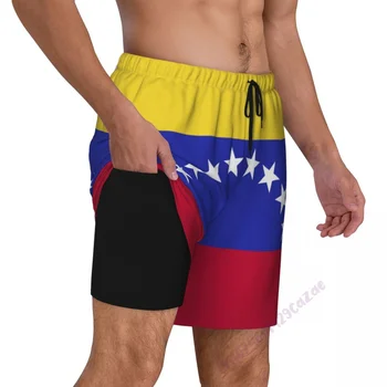 Флаг на страната Венецуела, 3D мъжки бански с компрессионной подплата, 2 в 1, бързо съхнещи шорти за плуване с джобове, летен подарък