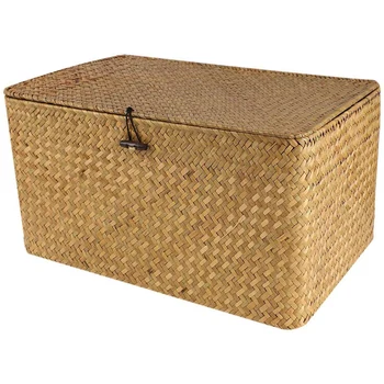 3X Ракита сламена кошница за ръчна работа с капак, органайзер за грим, кошница за дрехи от морска трева, ратанови ковчег за украса (L)