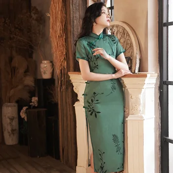 Моля, тъмно-зелен чонсам с принтом, къс ръкав, ретро женски елегантен ципао с яка-часова в китайски стил
