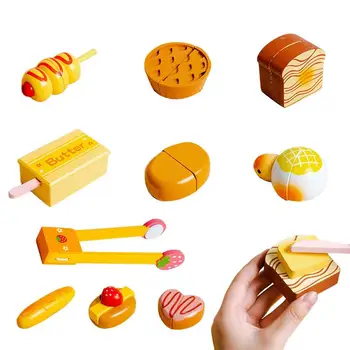 Играчки за рязане на храна, рязане на хляб, притворяющиеся, че играят в храна, дървени играчки, домакински играчки за рязане на хляб и сладкиши, подарък за момичета и момчета