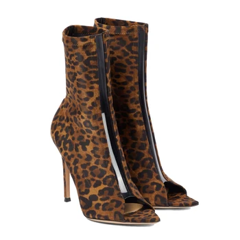 Леопардовые прозрачни ботильоны на висок ток с дупки за жени, остър чорап, с цип отзад, шипове, модни дамски обувки за подиум