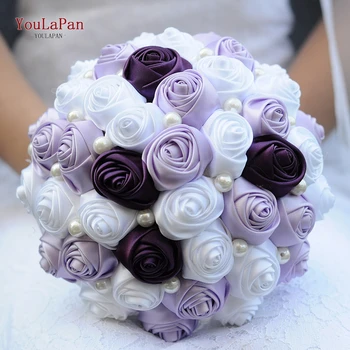 YouLaPan SF7, булчински букет от рози сатен, изкуствен лилаво цвете, перлата на булчински букет за украса на булката
