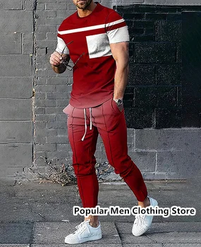 Годишният спортен костюм, риза с къс ръкав, дълги панталони, комплекти от 2 теми, мъжки спортен костюм с 3D принтом, ежедневни градинска мъжки дрехи оверсайз