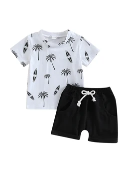 Детски дрехи от 2 теми, тениска с къси ръкави и еластична къси панталони с принтом дърво, комплект летни дрехи за момичета и момчета