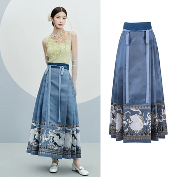 Синя пола Ханфу Китайската традиционна и древна дамски дрехи за класически танци Пола принцеса на династия Мин, с лошадиным лице DQL7599