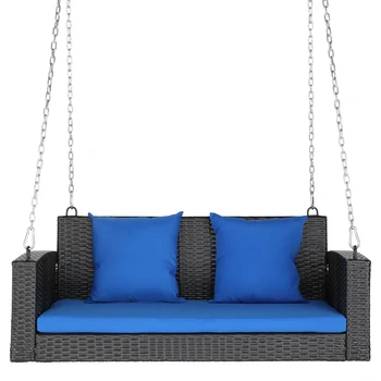 49 инча Черен ротанговый стол-люлка със синя възглавница от ратан (рамка за рока в комплекта не са включени)