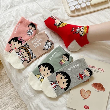 5 бр., дамски чорапи-лодка с шарени аниме Crayon Shin-chan, чорапи с кюфтета, чорапи от чист памук, меки, абсорбиращи потта, дишащи къси чорапи