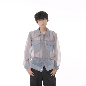 Мъжка лятна прозрачна риза с дълъг ръкав, без пролетно-летен топ от окото на материал
