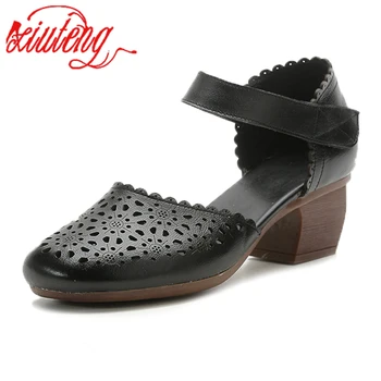 xiuteng 2022, Новост, удобни кожени сандали за майките на средна и в напреднала възраст на средно гъст обувки, дамски обувки с дупки