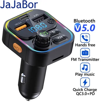JaJaBor FM трансмитер Цветна Светлина QC3.0 Бързо Зареждане на USB Зарядно устройство, хендсфри, Bluetooth съвместим комплект за Автомобил 5.0 Автомобилен MP3 плейър